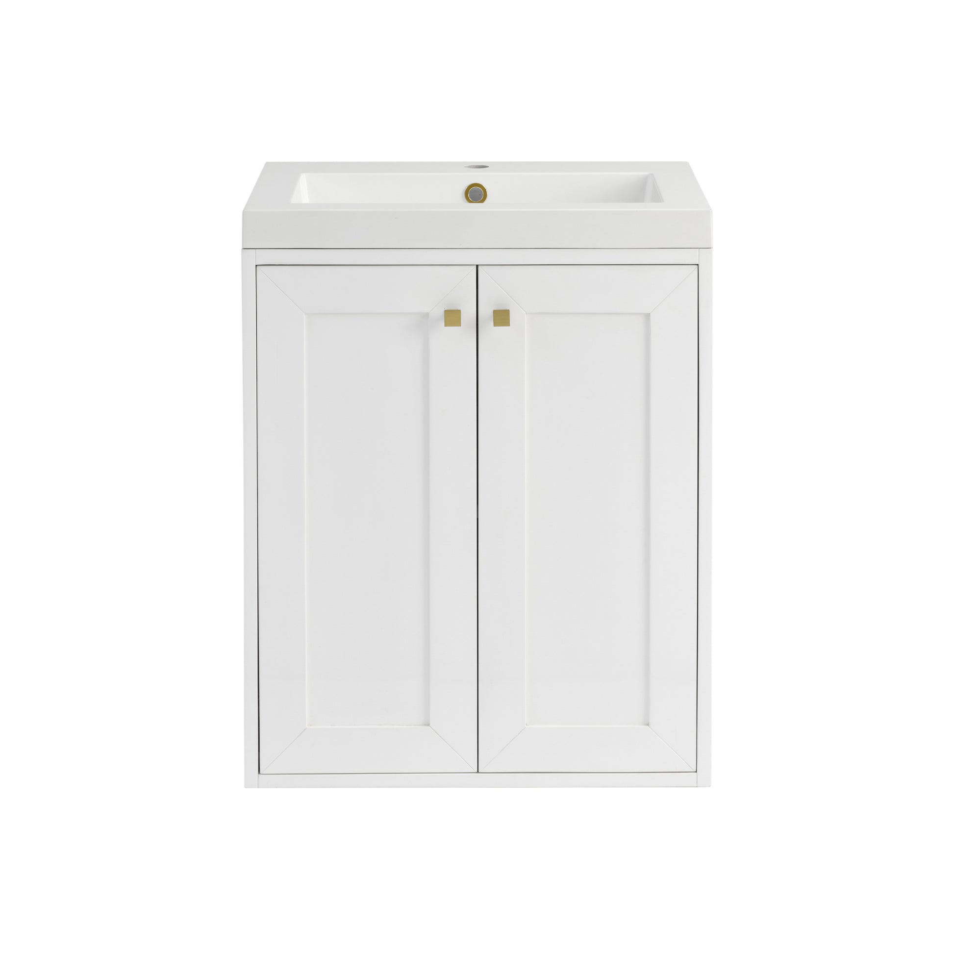Renovate for Less Atlanta Chianti 24" Single Vanity, Glossy White, Champagne Brass, w/ White Glossy Composite Stone Top