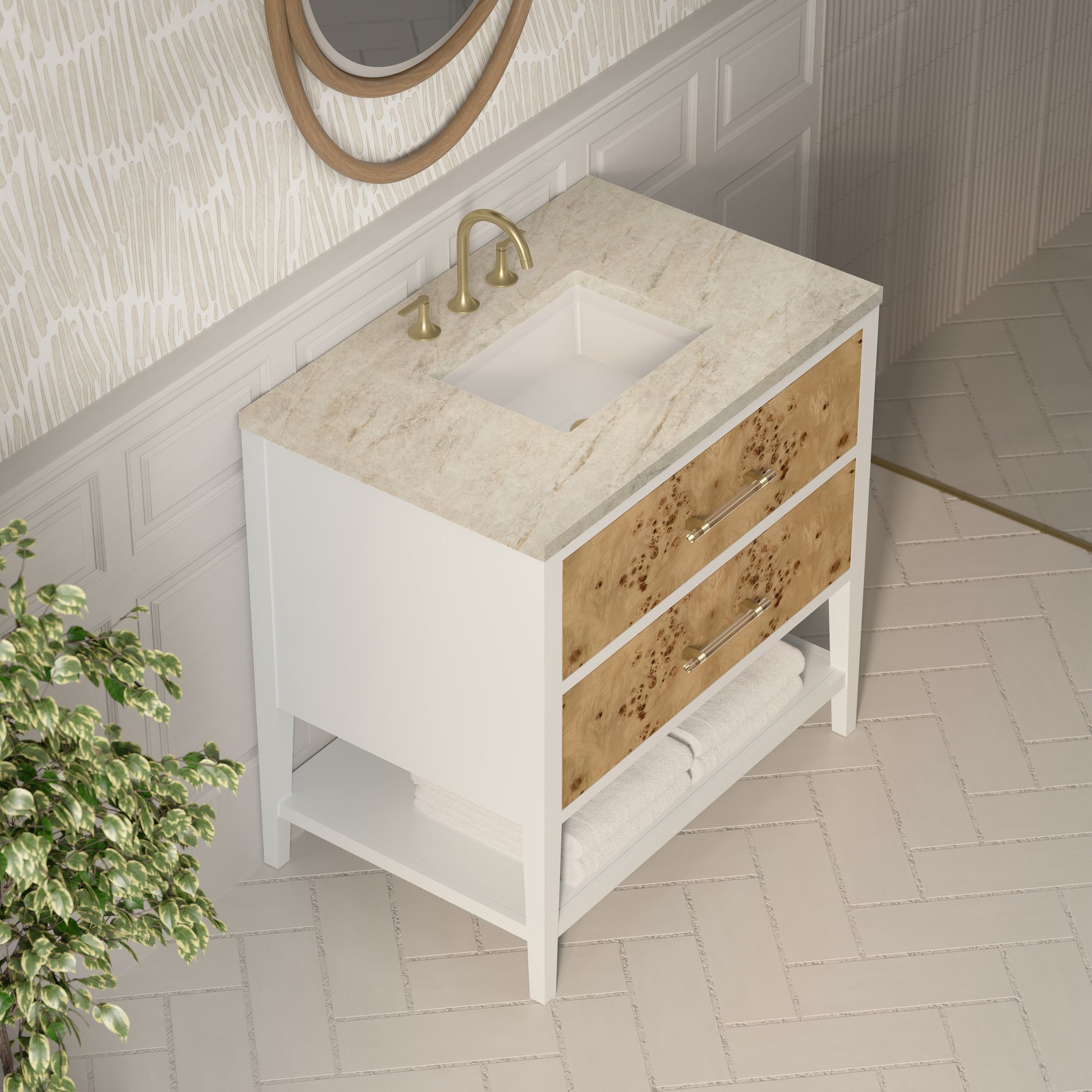 Renovate for Less Atlanta Olena 36" Single Vanity, Light Mappa Burl and Polished White, w/ 3 CM Tajnar Eclos Top