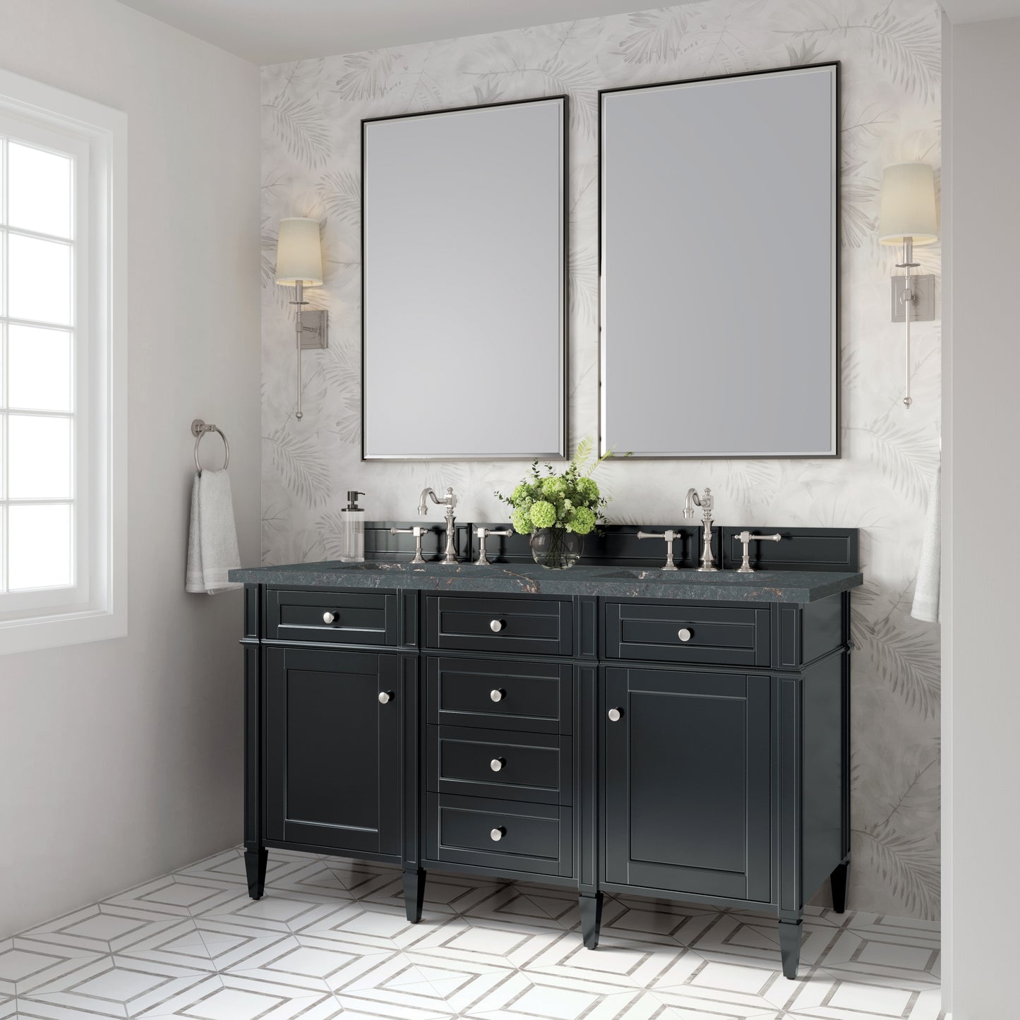Renovate for Less Atlanta Brittany 60" Double Vanity, Black Onyx w/ 3 CM Parisien Bleu Silestone Top w/FreePower Wireless Charger
