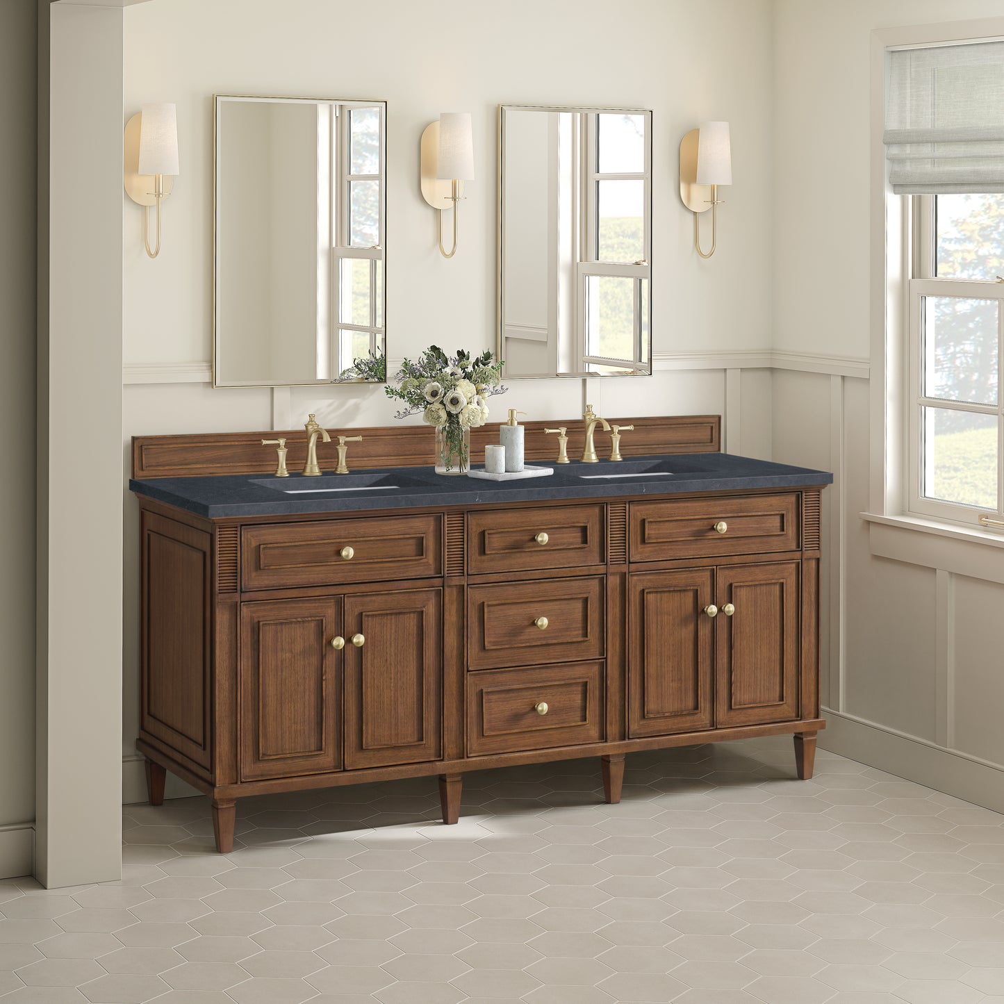 Renovate for Less Atlanta Lorelai 72"Double Vanity, Mid-Century Walnut w/ 3 CM Charcoal Soapstone Silestone Top