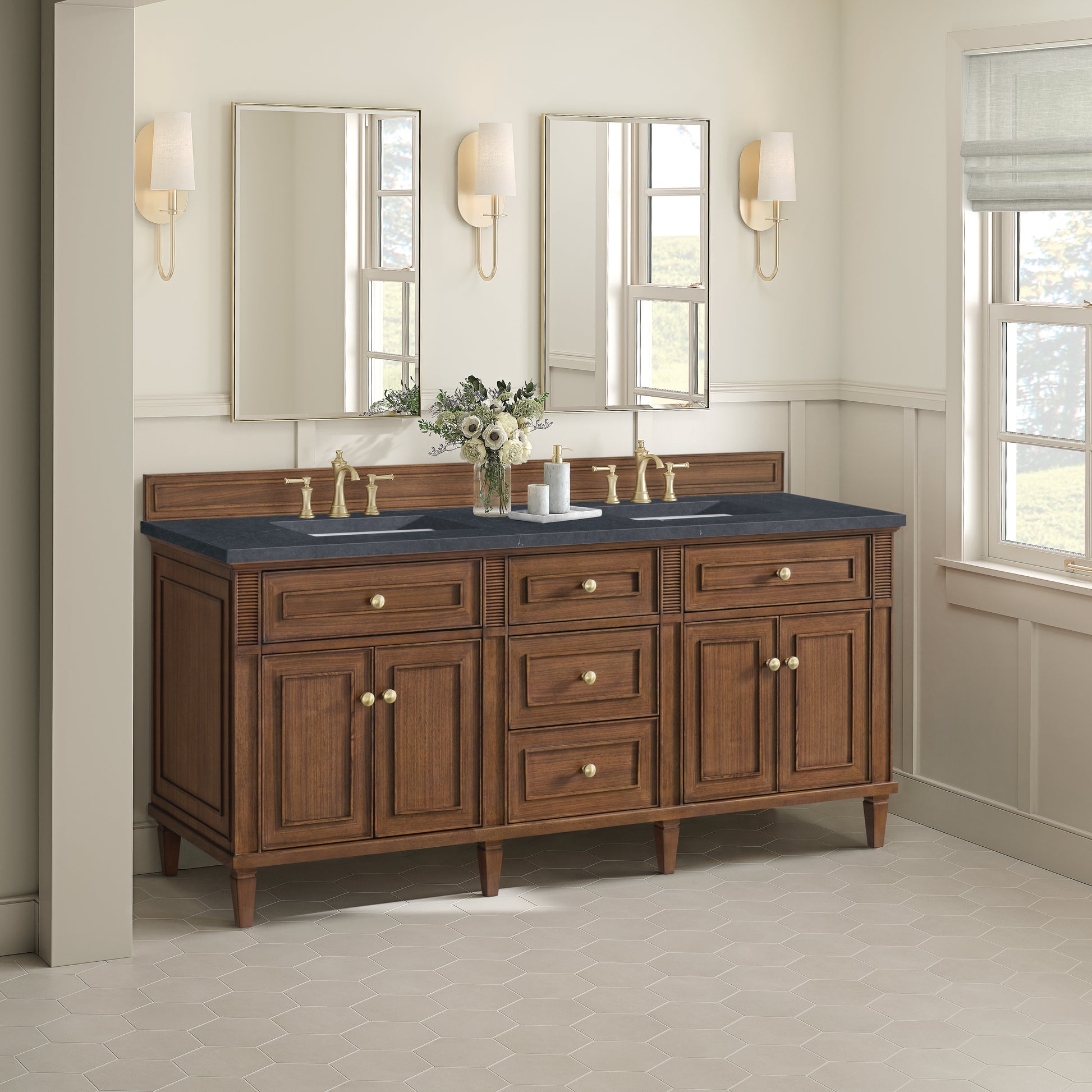 Renovate for Less Atlanta Lorelai 72"Double Vanity, Mid-Century Walnut w/ 3 CM Charcoal Soapstone Silestone Top