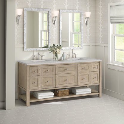 Renovate for Less Atlanta Breckenridge 72" Double Vanity, Whitewashed Oak w/ 3 CM Eternal Jasmine Pearl Silestone Top w/FreePower Wireless Charger