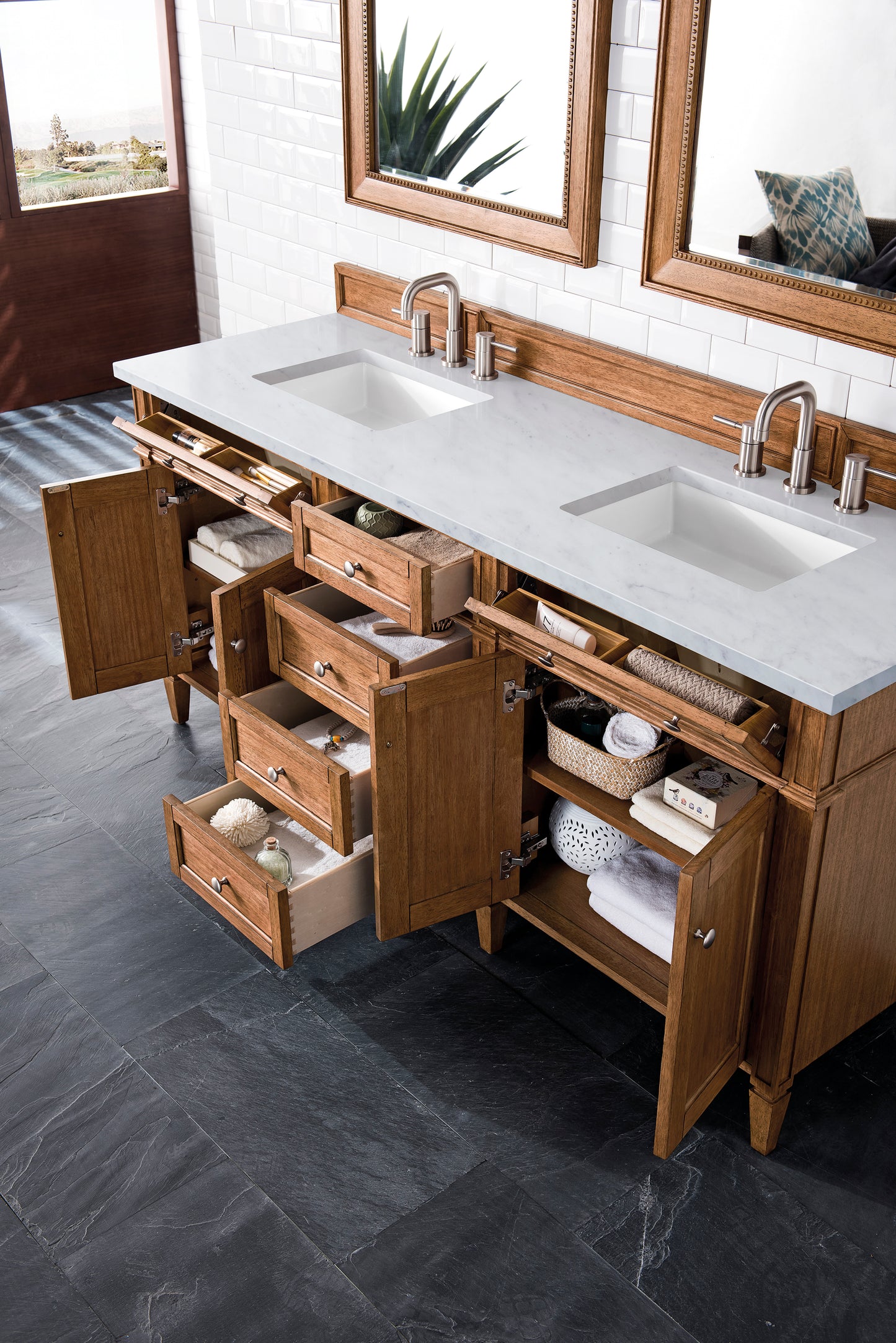 Renovate for Less Atlanta Brittany 72" Double Vanity, Saddle Brown w/ 3 CM Carrara Marble Top