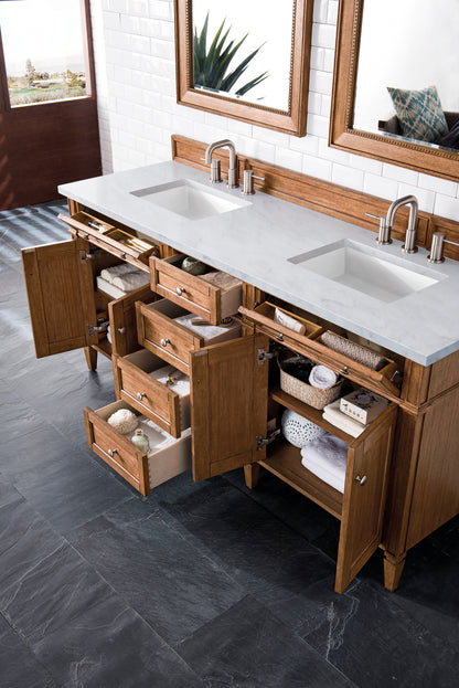 Renovate for Less Atlanta Brittany 72" Double Vanity, Saddle Brown w/ 3 CM Carrara Marble Top
