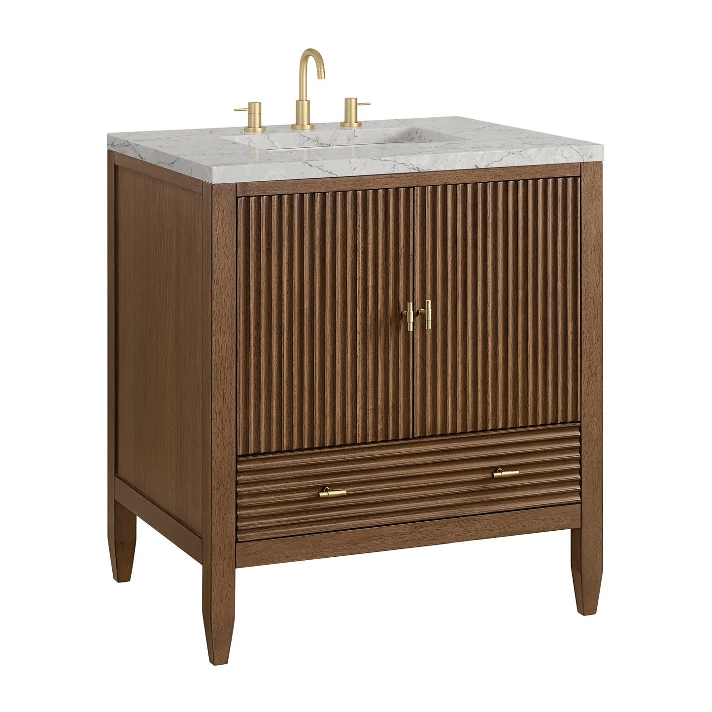 Renovate for Less Atlanta Myrrin 30" Single Vanity, Mid-Century Walnut w/ 3 CM Eternal Jasmine Pearl Silestone Top