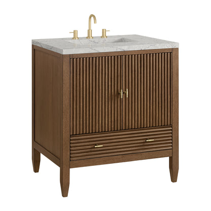 Renovate for Less Atlanta Myrrin 30" Single Vanity, Mid-Century Walnut w/ 3 CM Eternal Jasmine Pearl Silestone Top