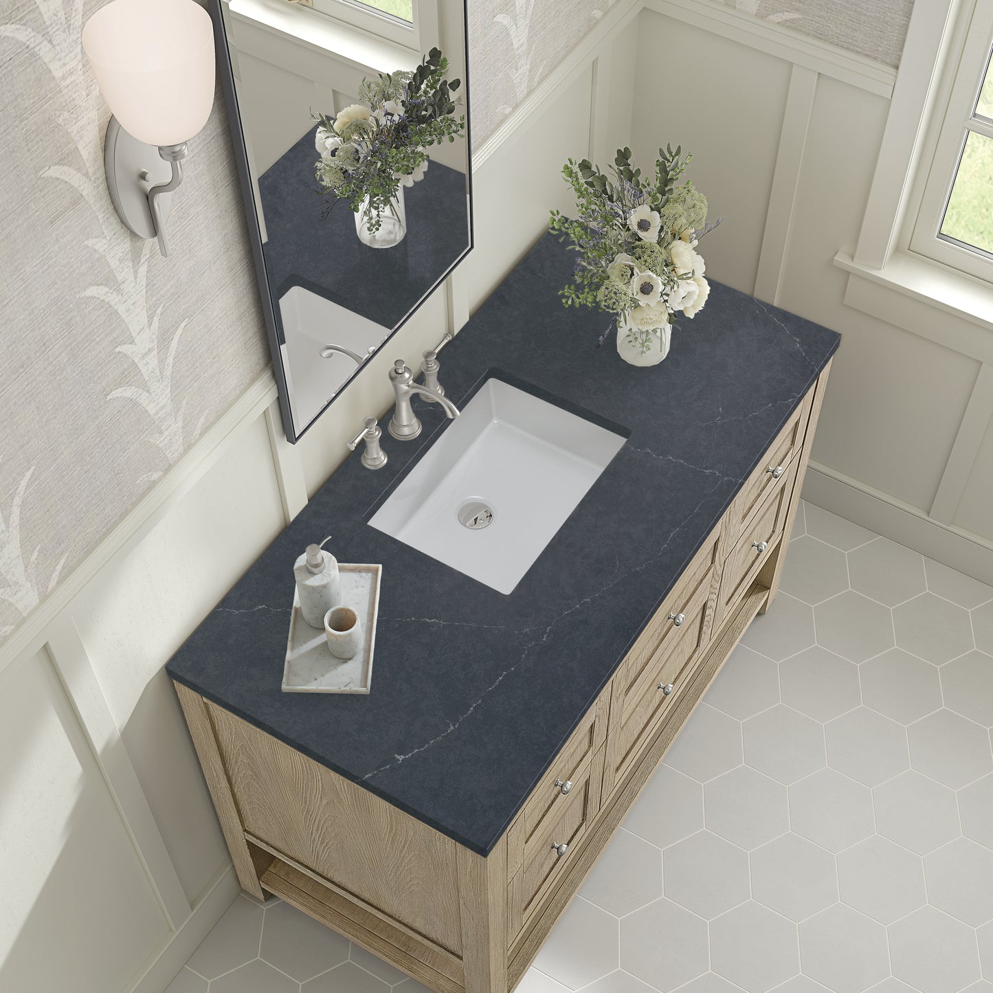 Renovate for Less Atlanta Breckenridge 48" Single Vanity, Whitewashed Oak w/ 3 CM Charcoal Soapstone Silestone Top