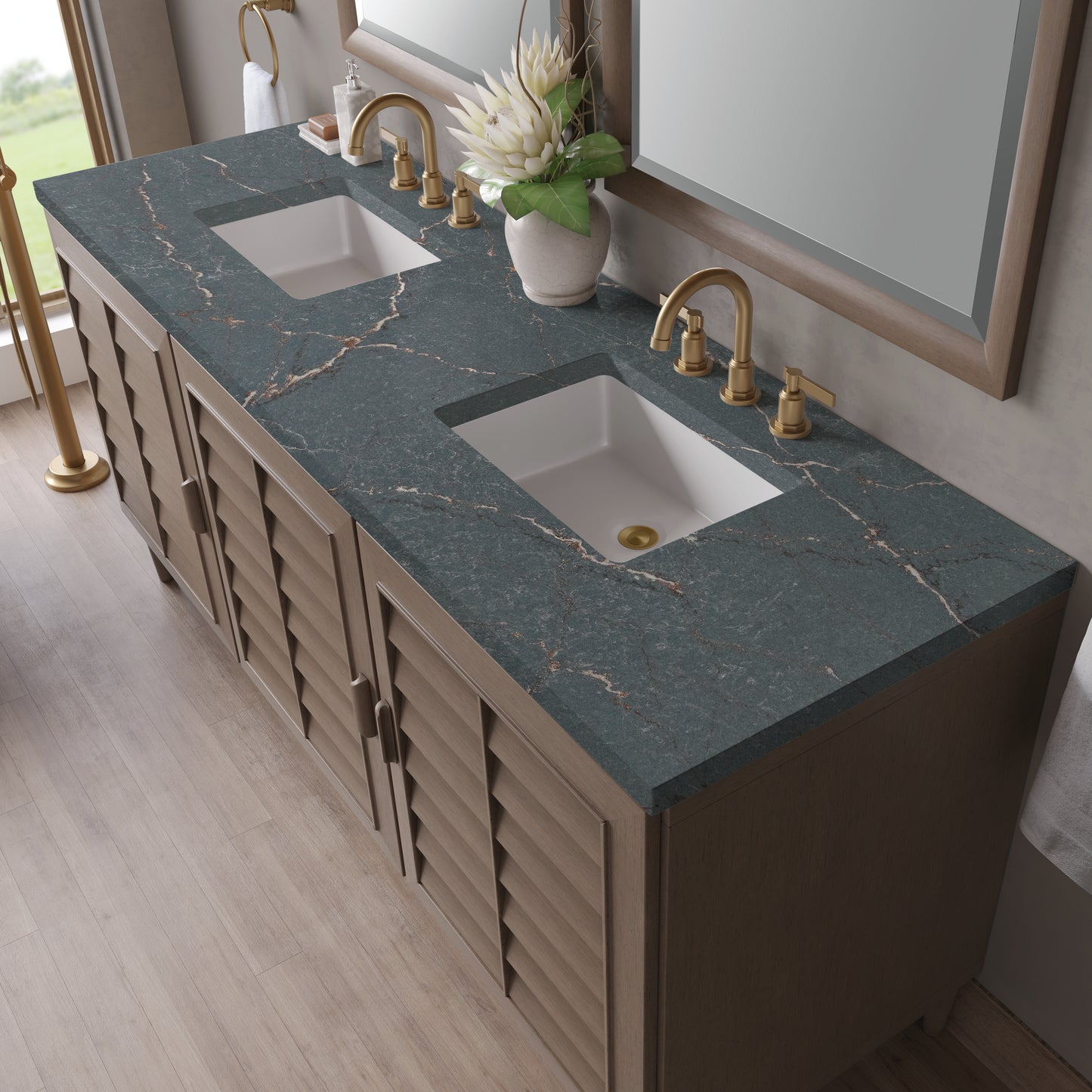 Renovate for Less Atlanta Portland 72" Double Vanity Whitewashed Walnut w/ 3 CM Parisien Bleu Silestone Top w/FreePower Wireless Charger