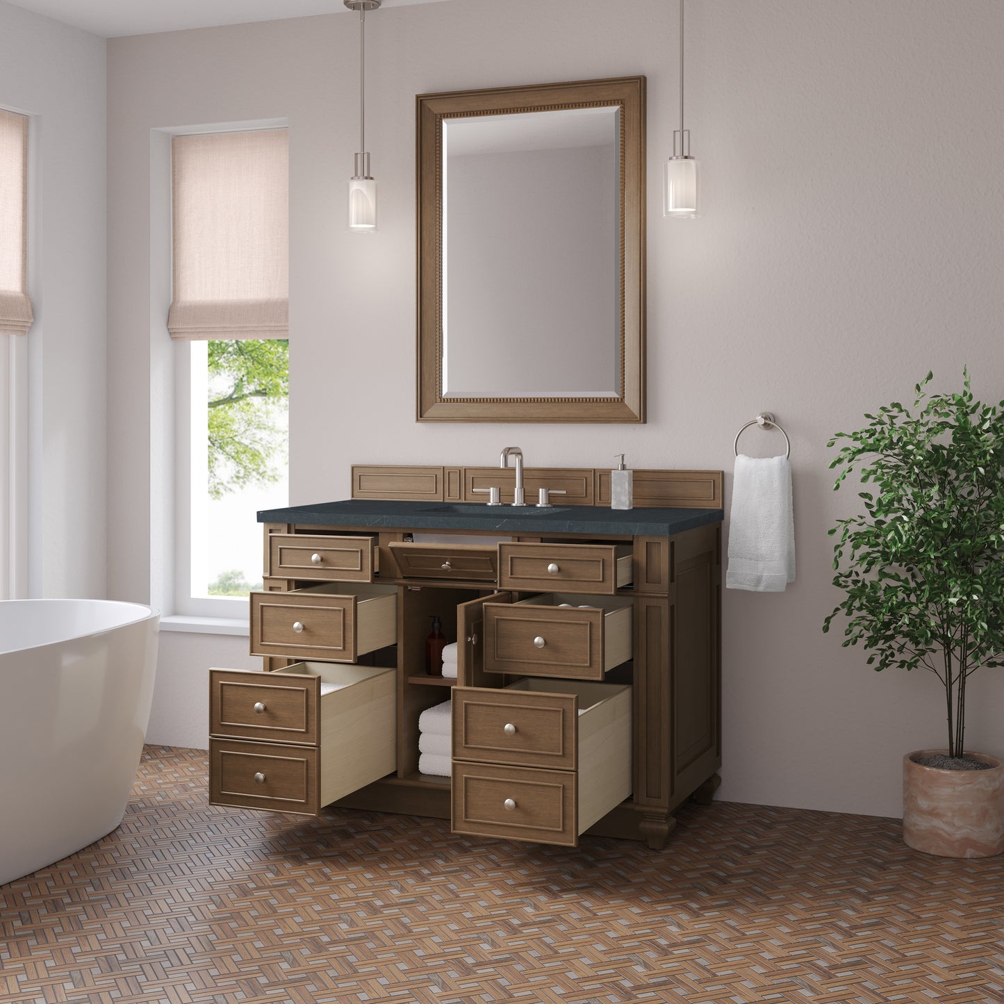 Renovate for Less Atlanta Bristol 48" Single Vanity, Saddle Brown w/ 3 CM Charcoal Soapstone Silestone Top