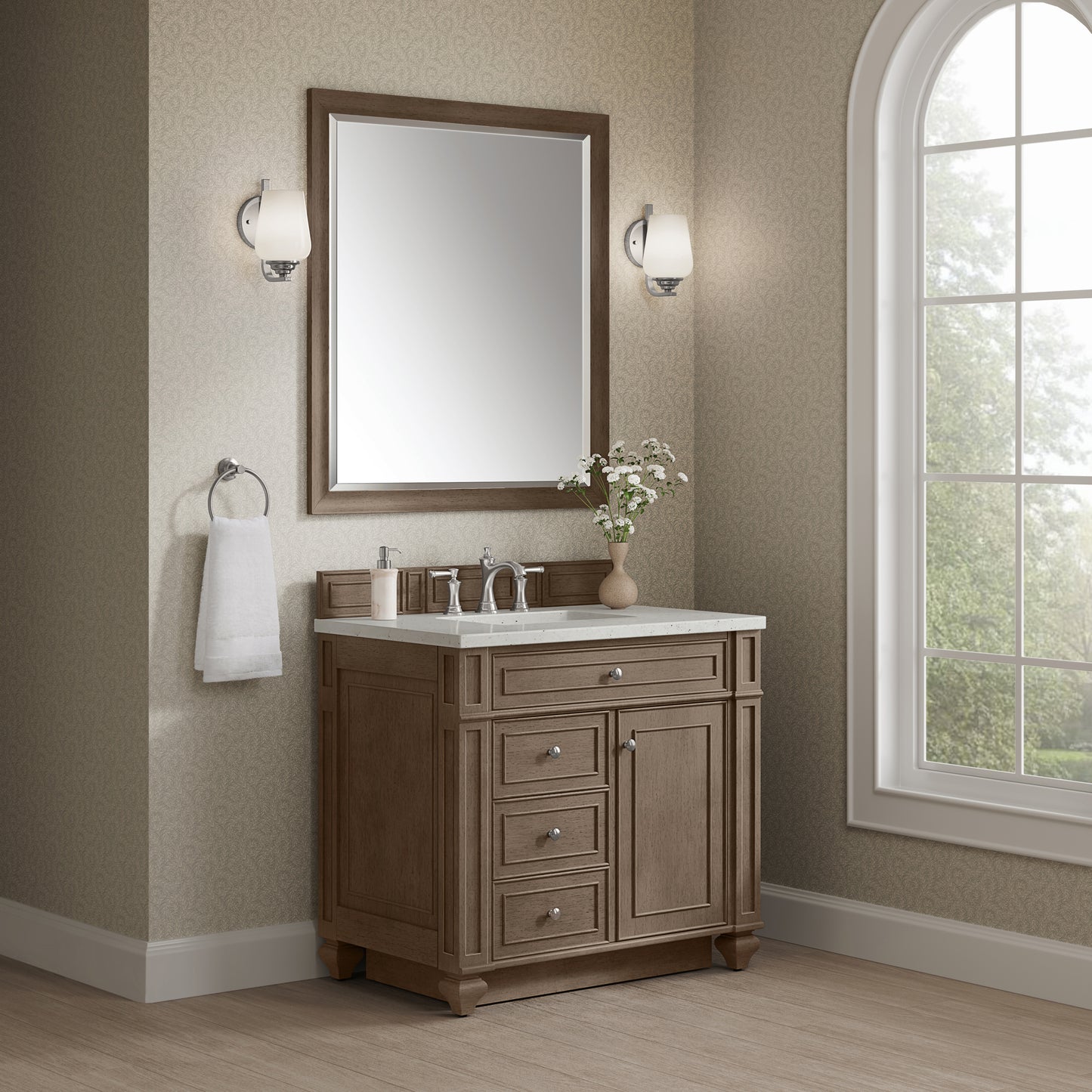Renovate for Less Atlanta Bristol 36" Single Vanity, Whitewashed Walnut w/ 3 CM Lime Delight Silestone Top