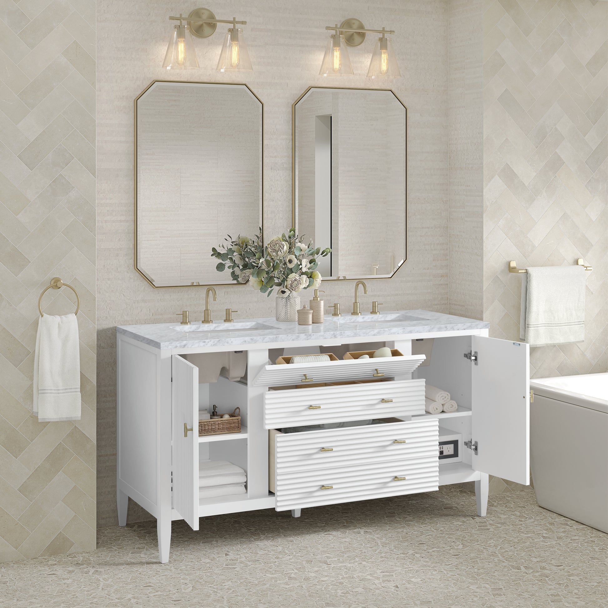 Renovate for Less Atlanta Myrrin 60" Double Vanity, Bright White w/ 3 CM Carrara White Marble Top