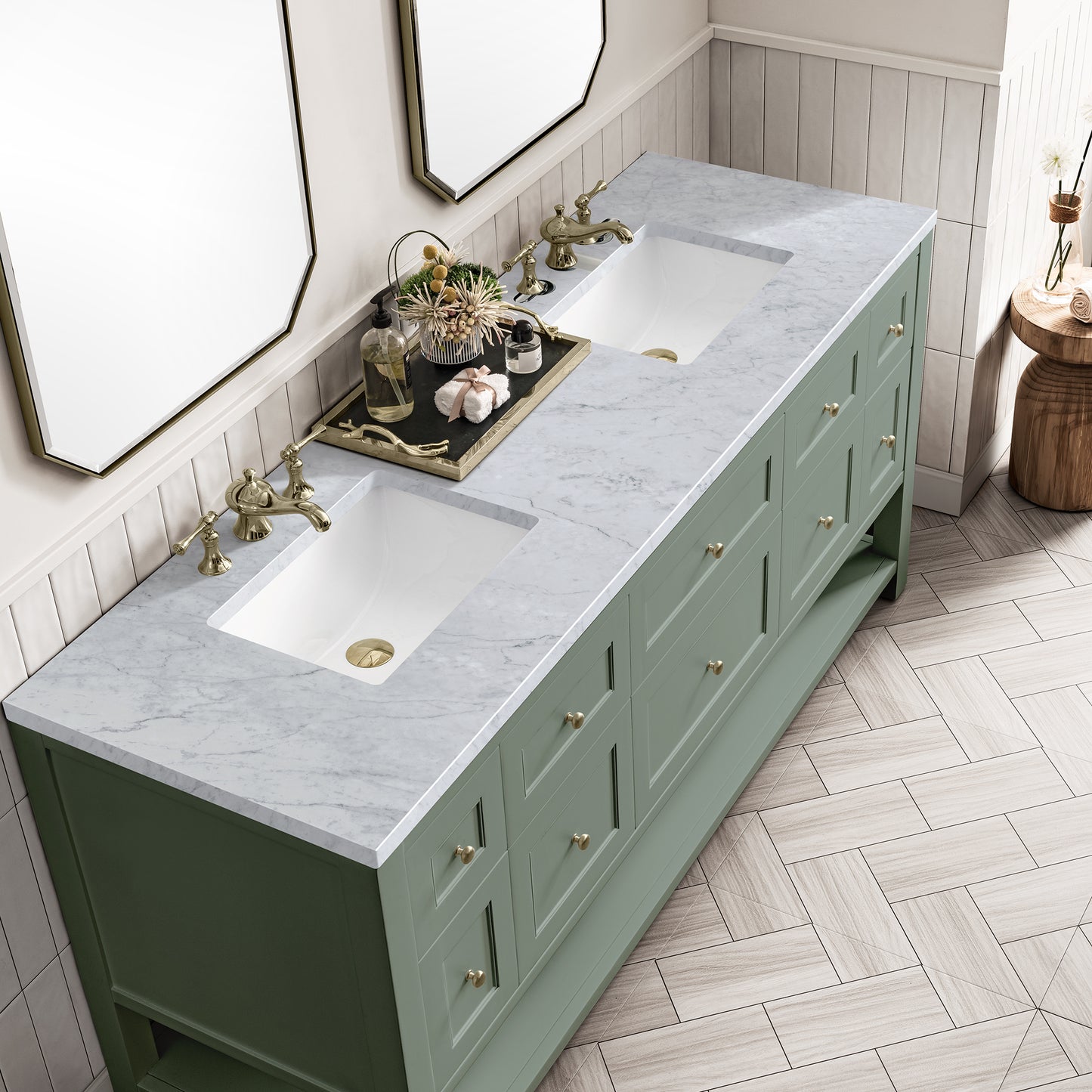Renovate for Less Atlanta Breckenridge 72" Double Vanity, Smokey Celadon w/ 3 CM Carrara Marble Top