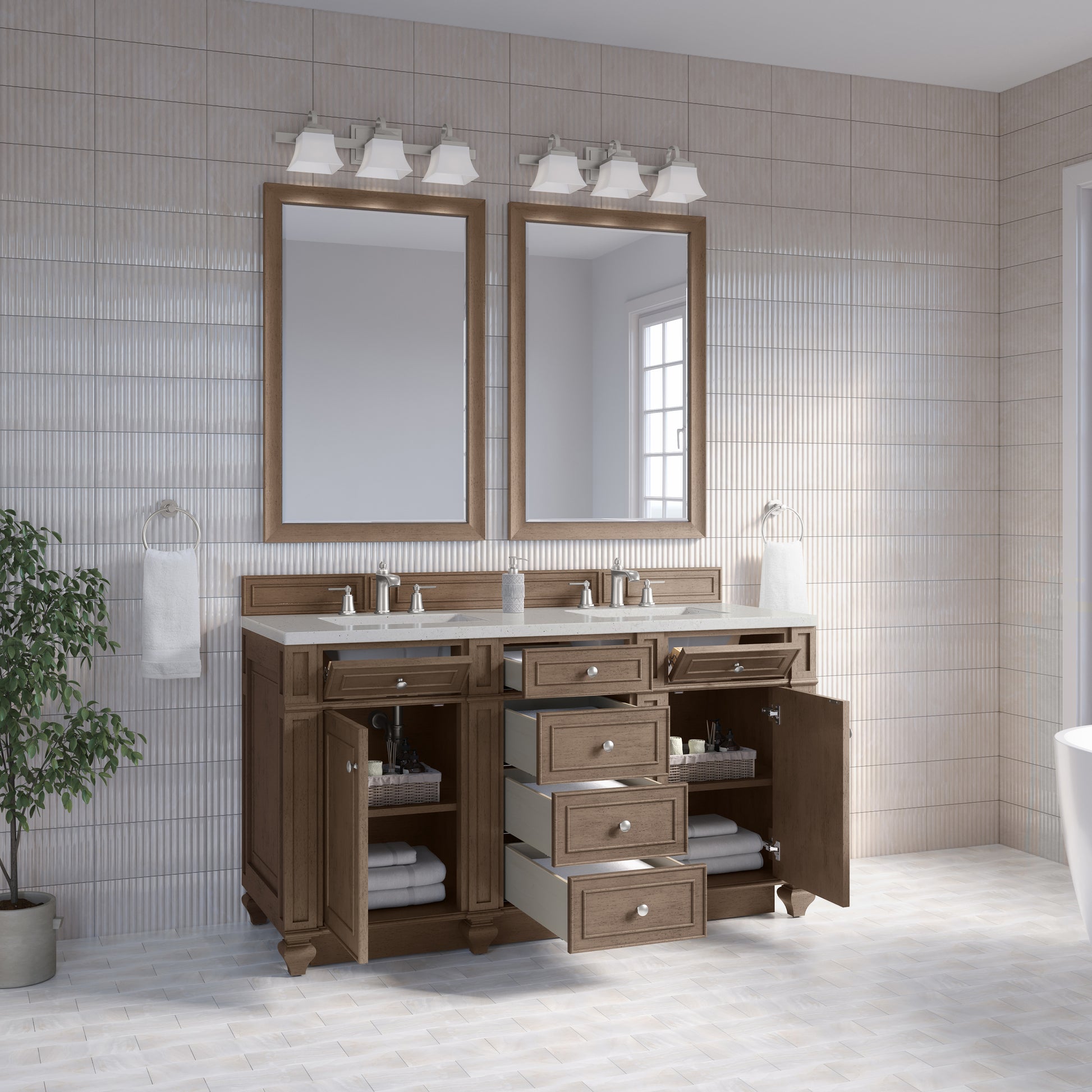 Renovate for Less Atlanta Bristol 60" Double Vanity, Whitewashed Walnut w/ 3 CM Lime Delight Silestone Top