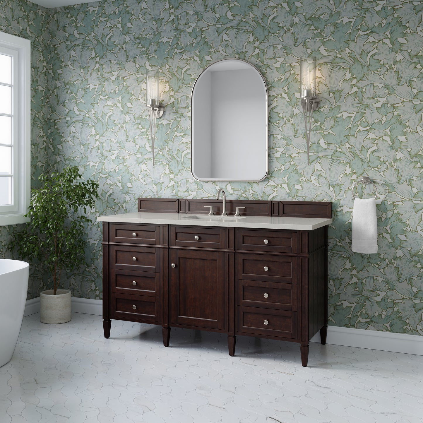 Renovate for Less Atlanta Brittany 60" Single Vanity, Burnished Mahogany, w/ 3 CM Siberian Silestone Top