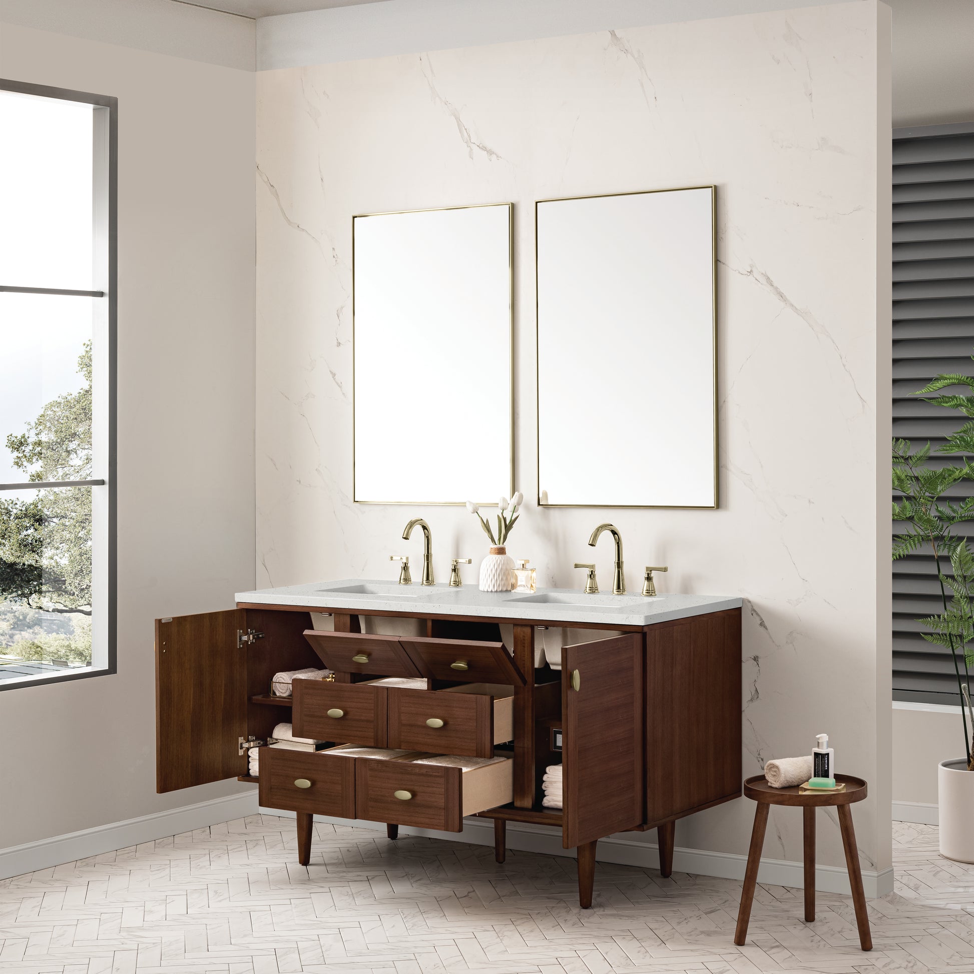 Renovate for Less Atlanta Amberly 60" Double Vanity, Mid-Century Walnut w/ 3 CM Lime Delight Top