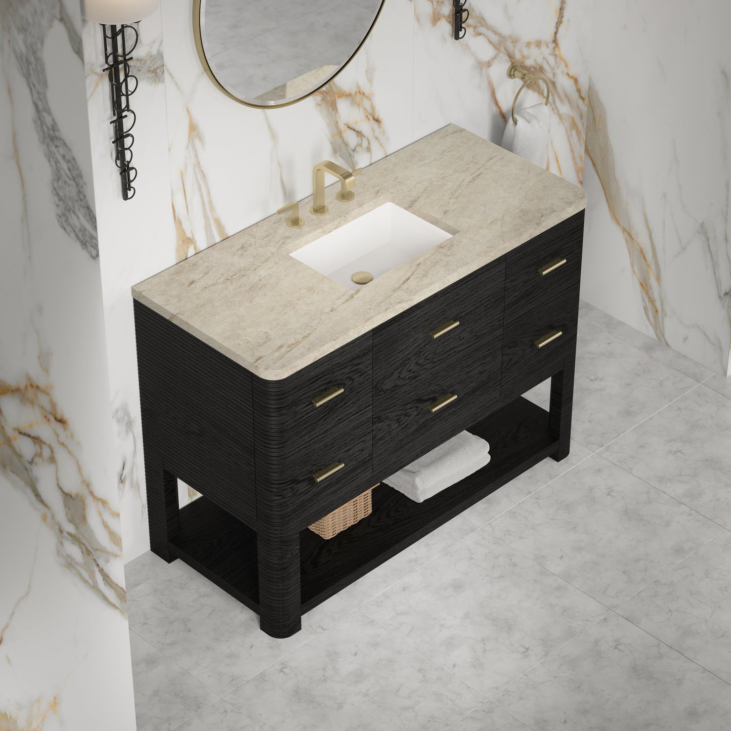 Renovate for Less Atlanta Lucian 48" Single Vanity, Carbon Oak, w/ 3 CM Tajnar Eclos Widespread Top