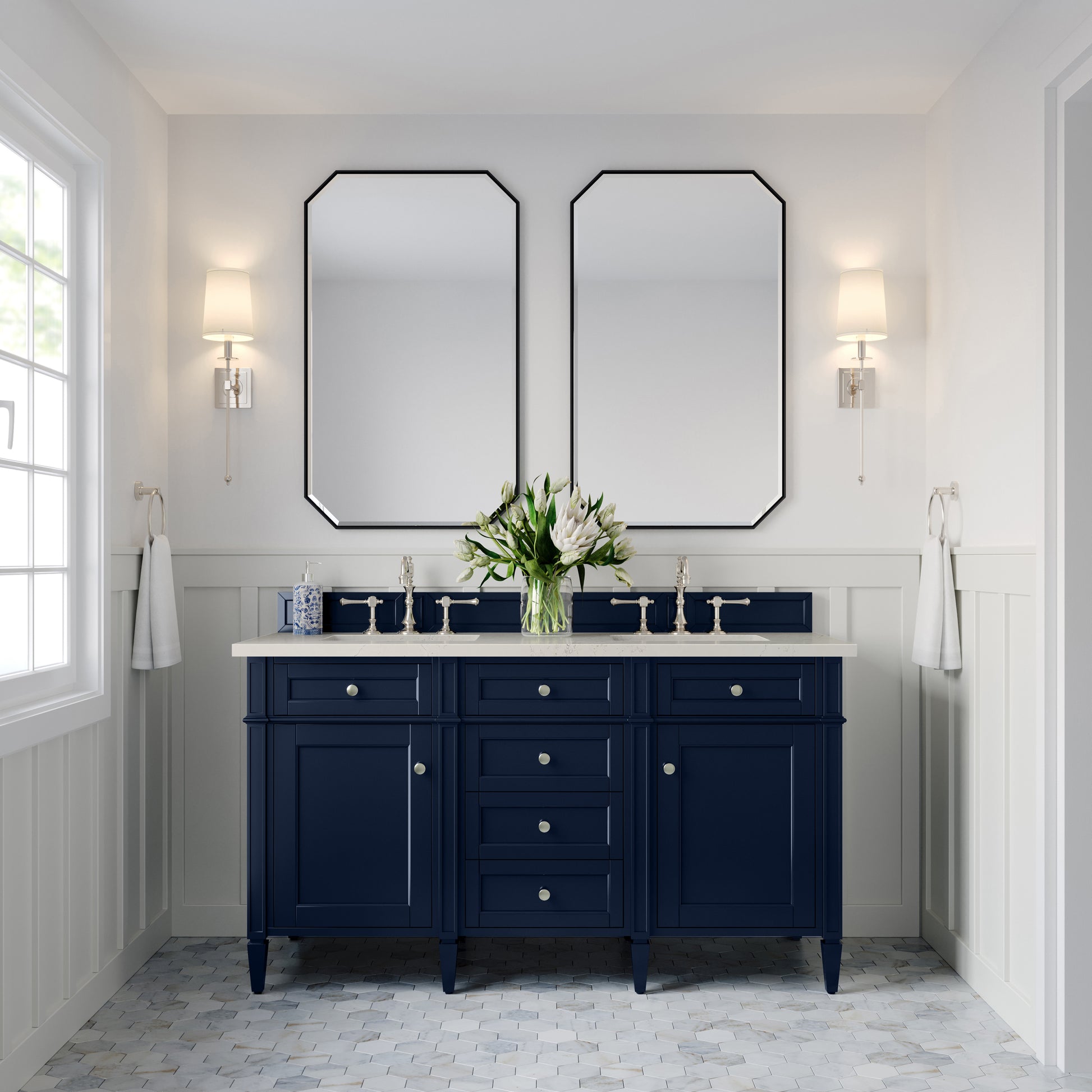 Renovate for Less Atlanta Brittany 60" Double Vanity, Victory Blue, w/ 3 CM Siberian Silestone Top