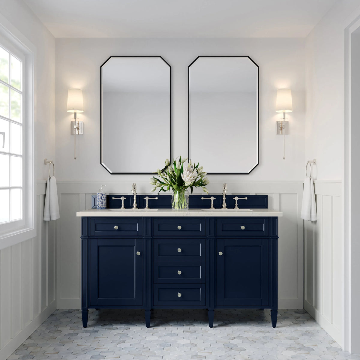 Brittany 60" Double Vanity, Victory Blue, w/ 3 CM Siberian Silestone Top