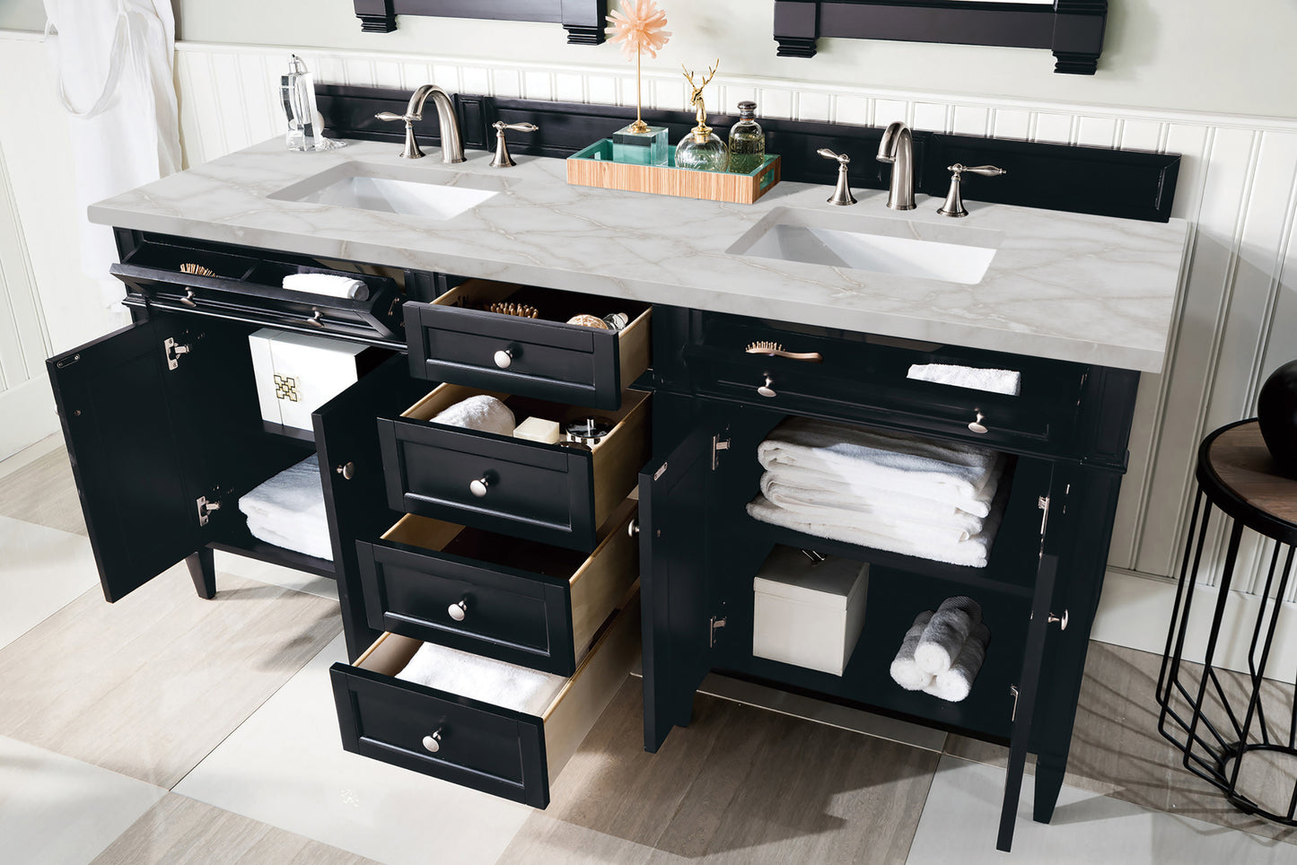 Renovate for Less Atlanta Brittany 72" Double Vanity, Black Onyx w/ 3 CM Victorian Silver Silestone Top w/FreePower Wireless Charger