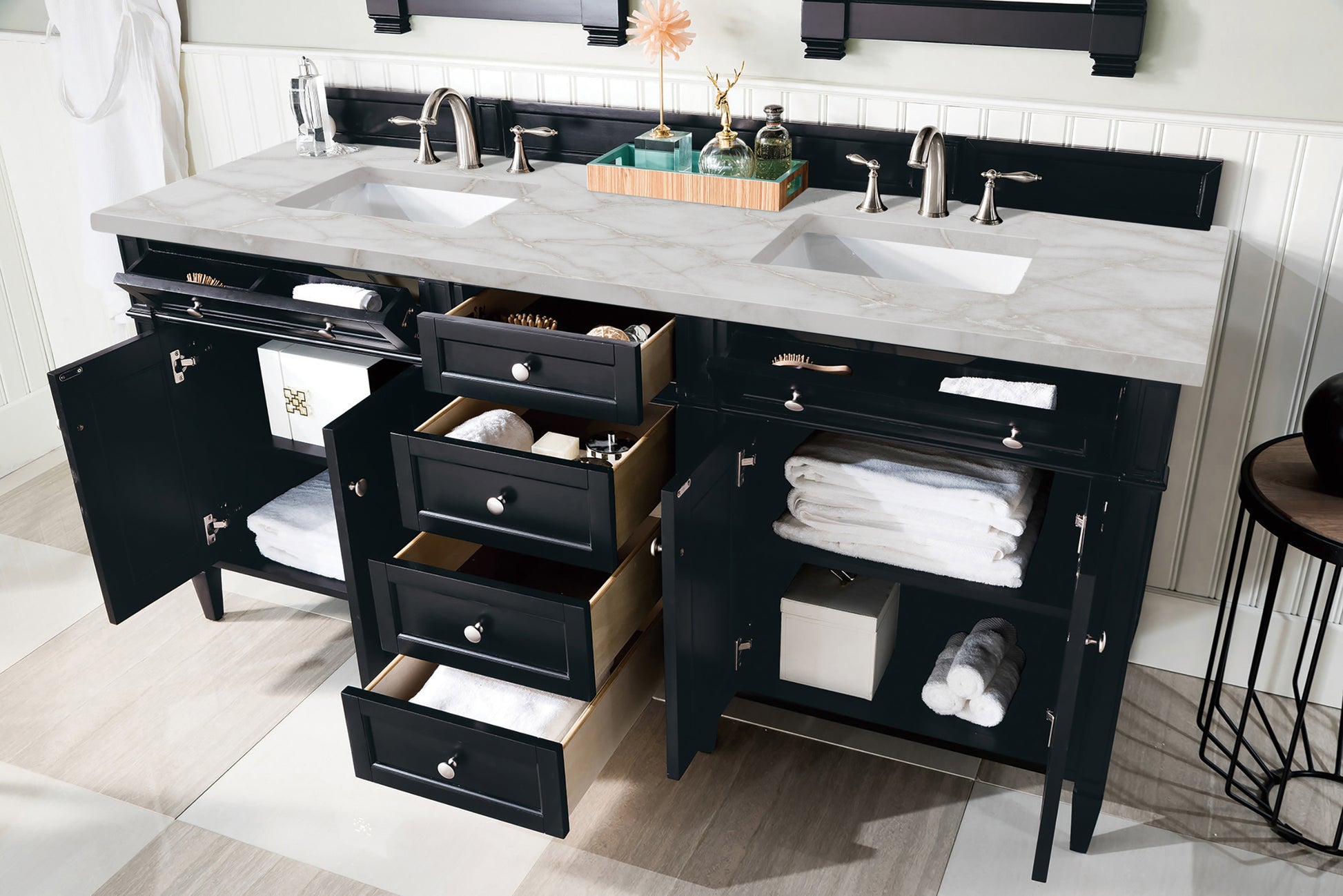 Renovate for Less Atlanta Brittany 72" Double Vanity, Black Onyx w/ 3 CM Victorian Silver Silestone Top