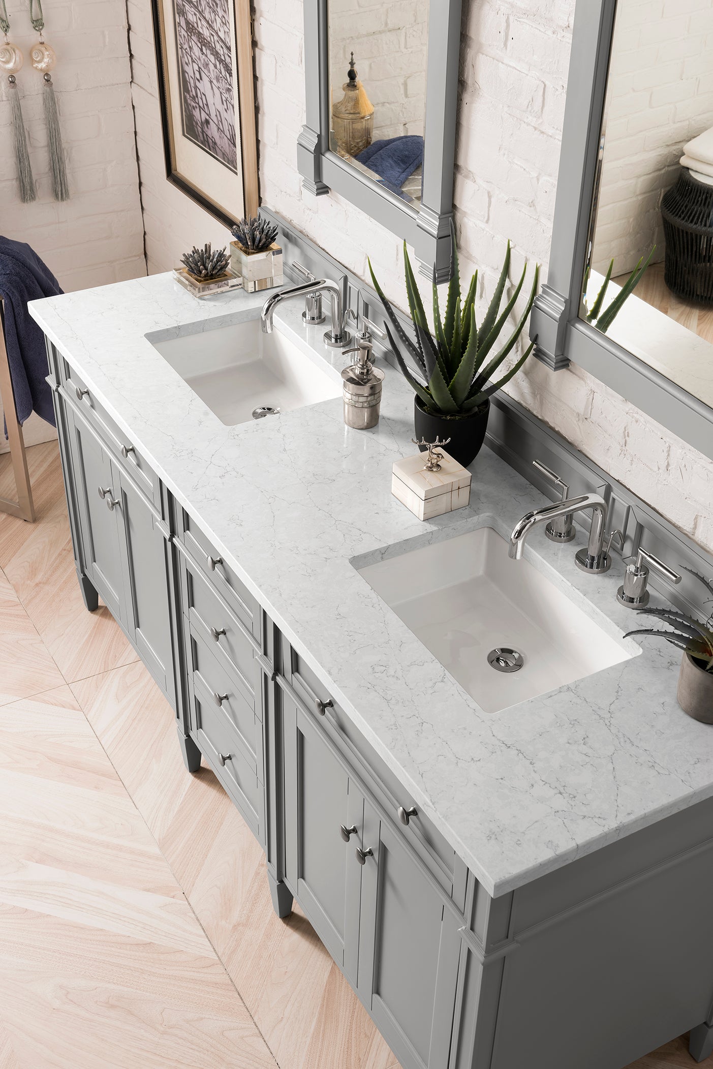 Renovate for Less Atlanta Brittany 72" Double Vanity, Urban Gray w/ 3 CM Eternal Jasmine Pearl Silestone Top w/FreePower Wireless Charger
