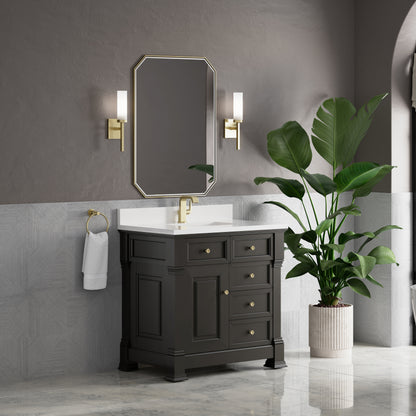 Renovate for Less Atlanta Brookfield 36" Single Vanity, Black Onyx w/ Single Hole 3 CM White Zeus Silestone Top & Backsplash