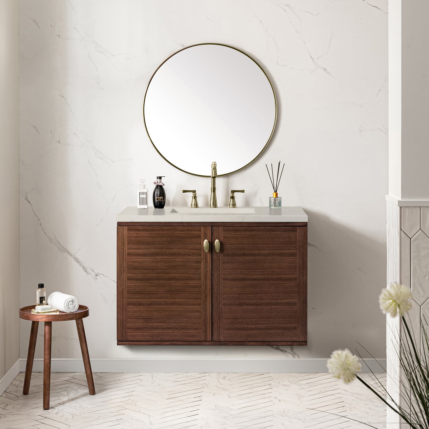 Renovate for Less Atlanta Amberly 36" Single Vanity, Mid-Century Walnut, w/ 3 CM Siberian Silestone Top