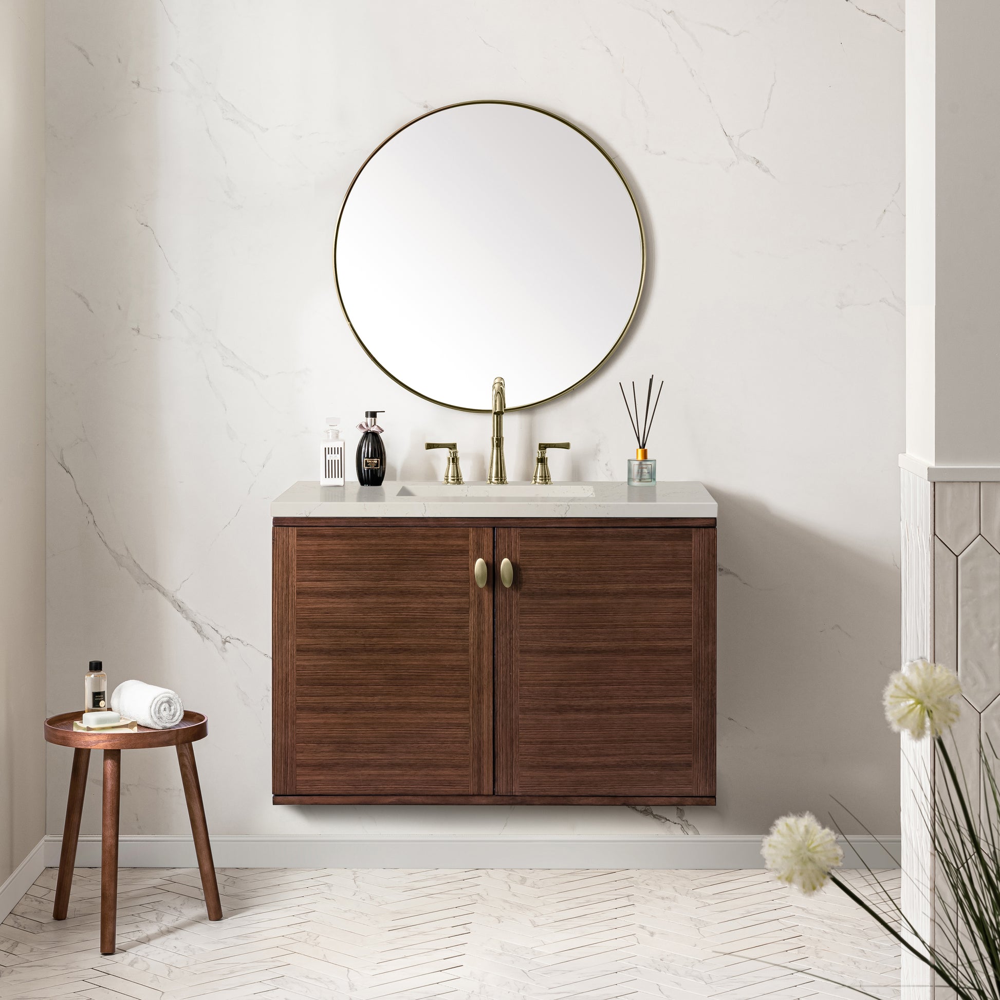 Renovate for Less Atlanta Amberly 36" Single Vanity, Mid-Century Walnut, w/ 3 CM Siberian Silestone Top