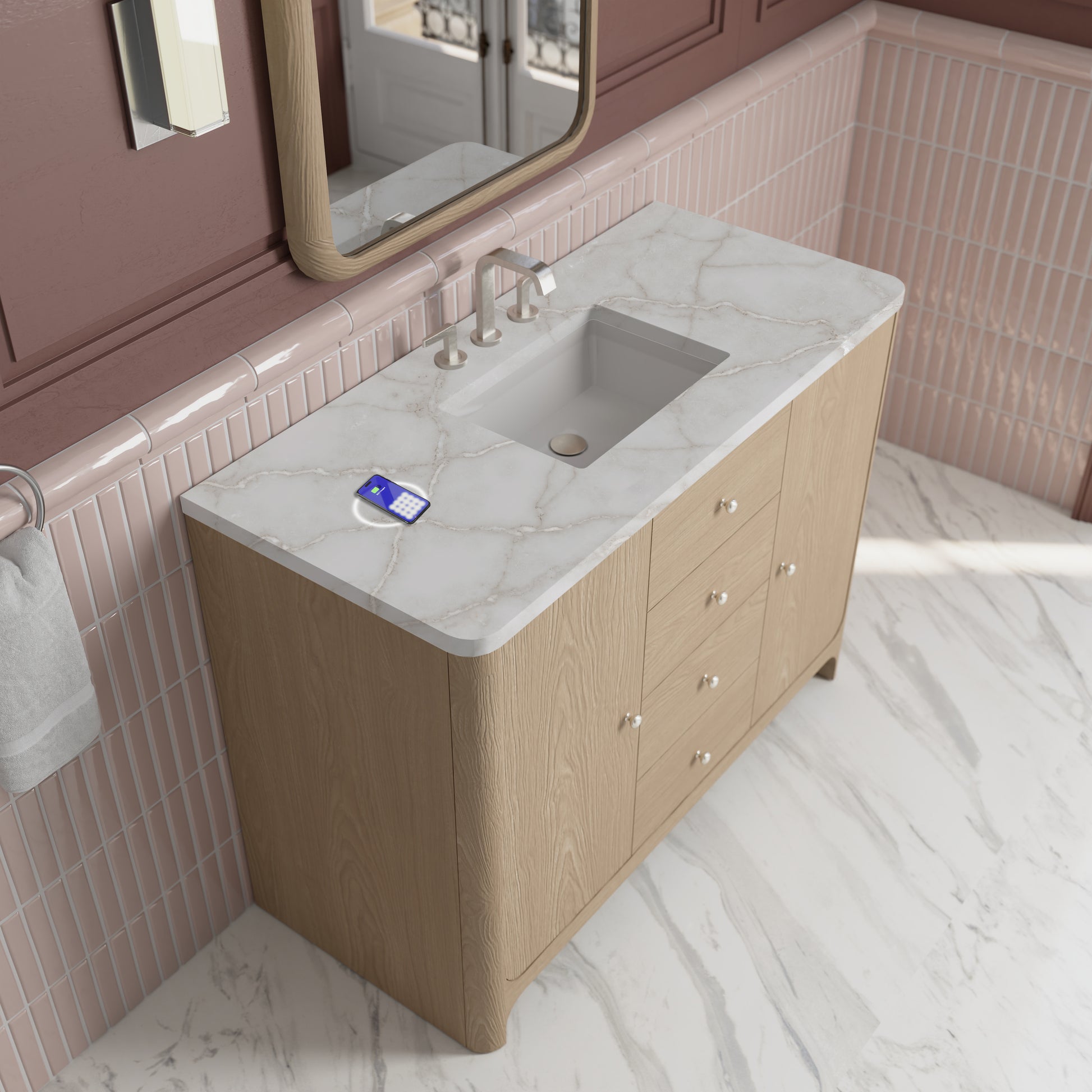 Renovate for Less Atlanta Gracyn 48" Single Vanity, Coastal Driftwood, w/ 3 CM Victorian Silver Silestone Top w/ FreePower Wireless Charger