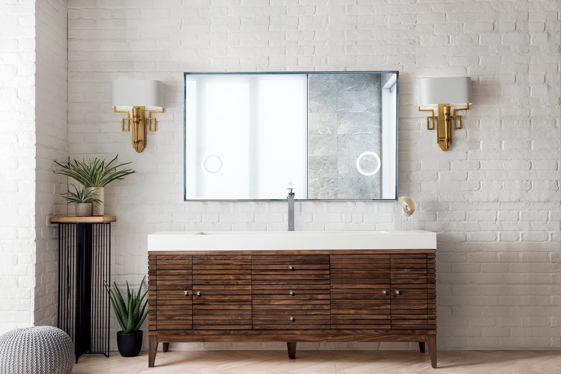 Renovate for Less Atlanta Linear 72" Single Vanity, Mid-Century Walnut w/ Glossy White Composite Stone Top