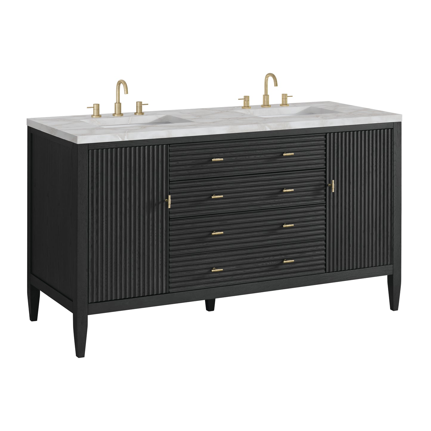 Renovate for Less Atlanta Myrrin 60" Double Vanity, Carbon Oak w/ 3 CM Victorian Silver Silestone Top w/FreePower Wireless Charger