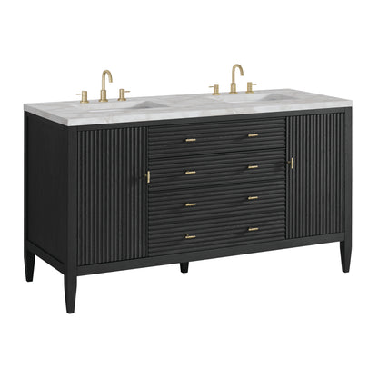 Renovate for Less Atlanta Myrrin 60" Double Vanity, Carbon Oak w/ 3 CM Victorian Silver Silestone Top w/FreePower Wireless Charger