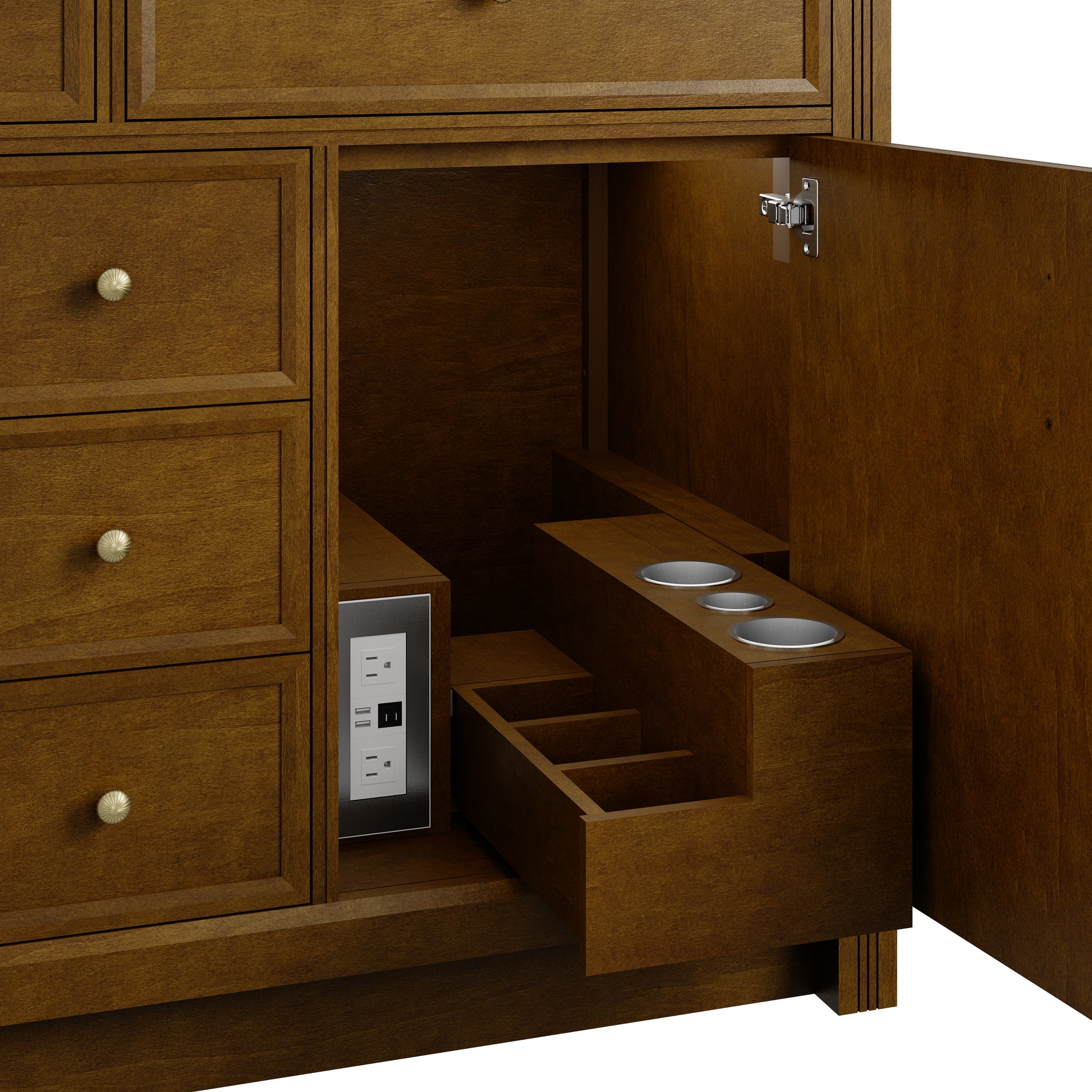 Renovate for Less Atlanta Bellshire 120" Dual Vanity Set with 24" Make-Up Counter, Honey Oak w/3 cm Ethereal Noctis Silestone Top