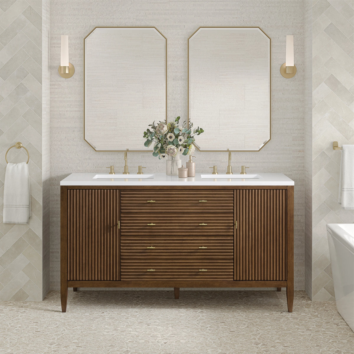Myrrin 60" Double Vanity, Mid Century Walnut, view 3