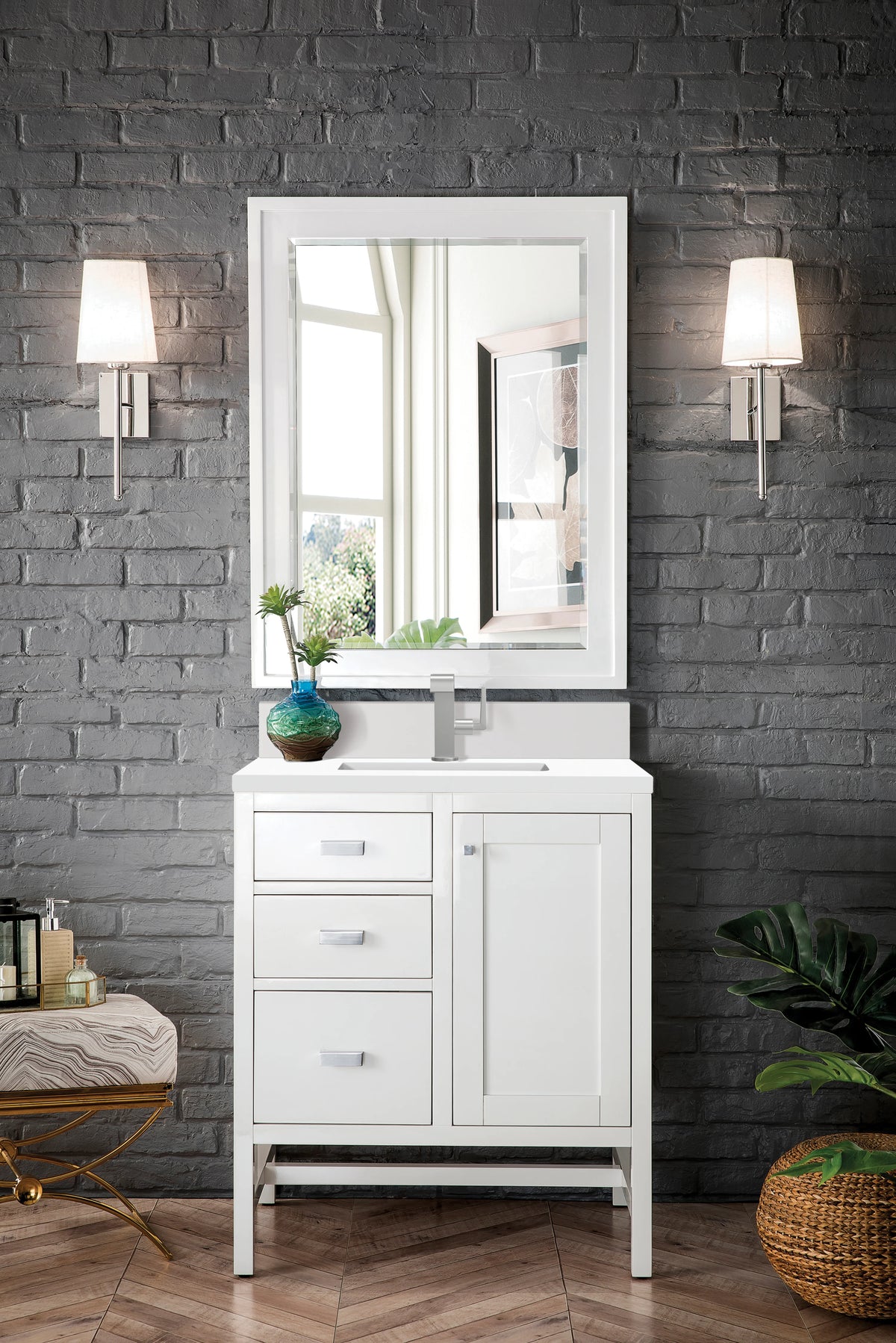 Addison 30" Single Vanity, Glossy White w/ Single Hole 3 CM White Zeus Silestone Top & Backsplash, view 2