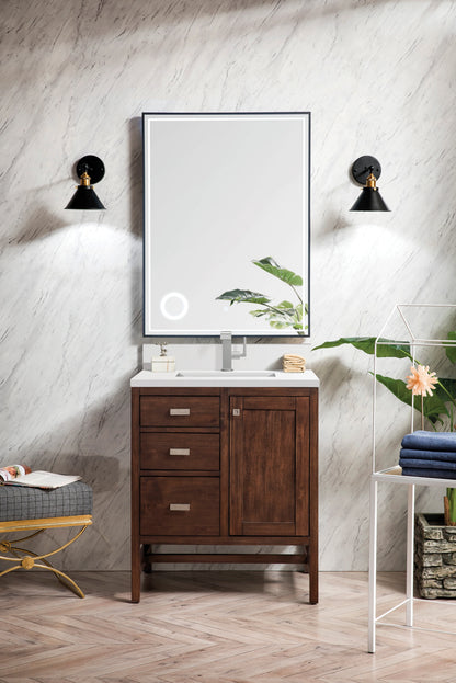 Addison 30" Single Vanity, Mid-Century Acacia w/ Single Hole 3 CM White Zeus Silestone Top & Backsplash, view 2