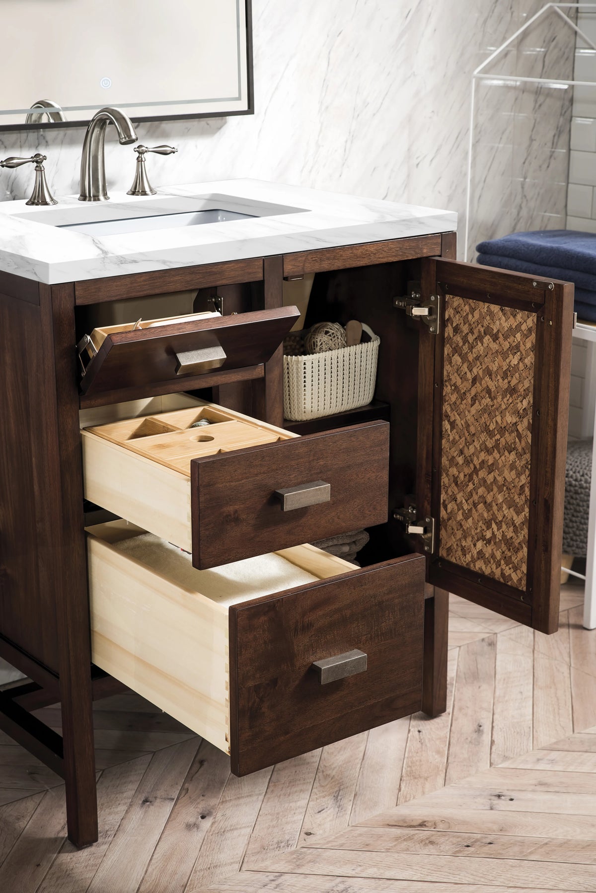Addison 30" Single Vanity, Mid-Century Acacia w/ 3 CM Carrara White Top, view 4