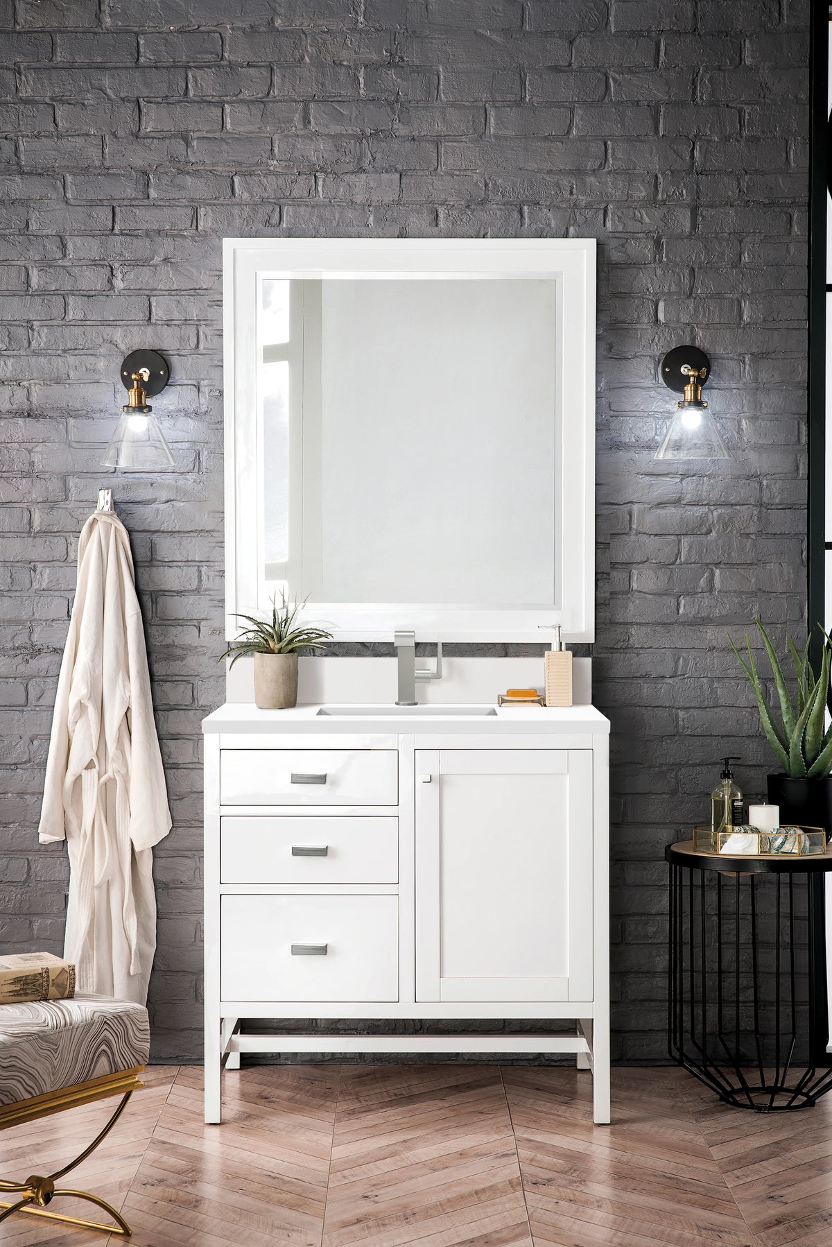 Addison 36" Single Vanity, Glossy White w/ Single Hole 3 CM White Zeus Silestone Top & Backsplash, view 2