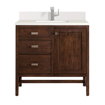 Addison 36" Single Vanity, Mid-Century Acacia w/ Single Hole 3 CM White Zeus Silestone Top & Backsplash