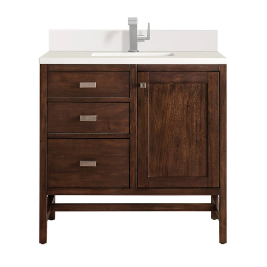 Addison 36" Single Vanity, Mid-Century Acacia w/ Single Hole 3 CM White Zeus Silestone Top & Backsplash