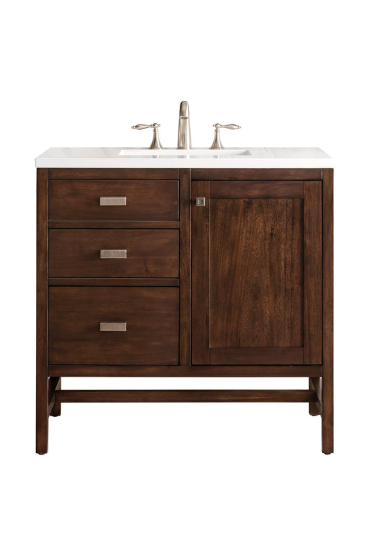Addison 36" Single Vanity, Mid-Century Acacia w/ 3 CM White Zeus Silestone Top