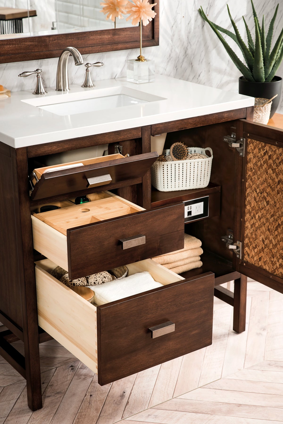 Addison 36" Single Vanity, Mid-Century Acacia w/ 3 CM White Zeus Silestone Top, view 6