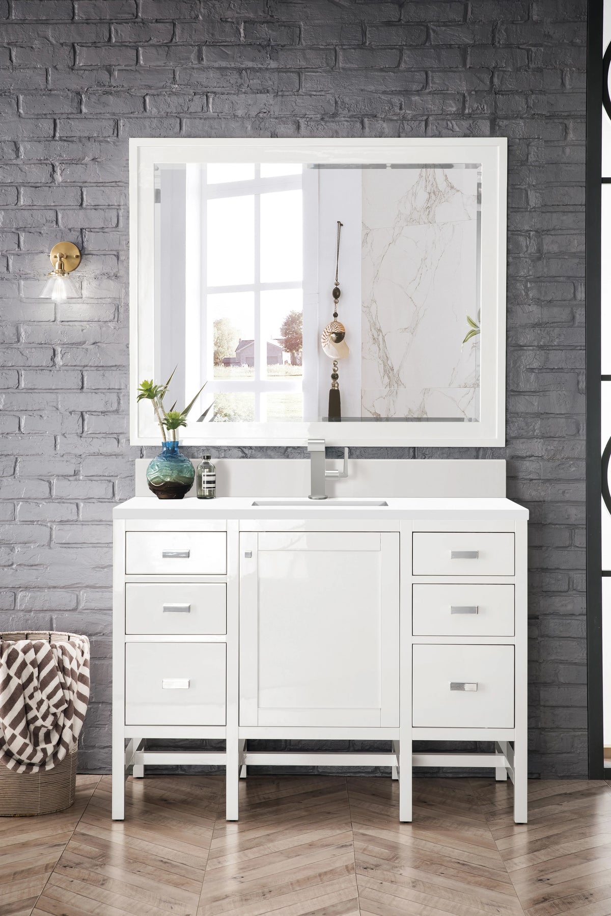 Addison 48" Single Vanity, Glossy White w/ Single Hole 3 CM White Zeus Silestone Top & Backsplash, view 2