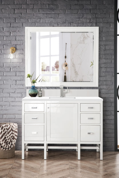 Addison 48" Single Vanity, Glossy White w/ Single Hole 3 CM White Zeus Silestone Top & Backsplash, view 2