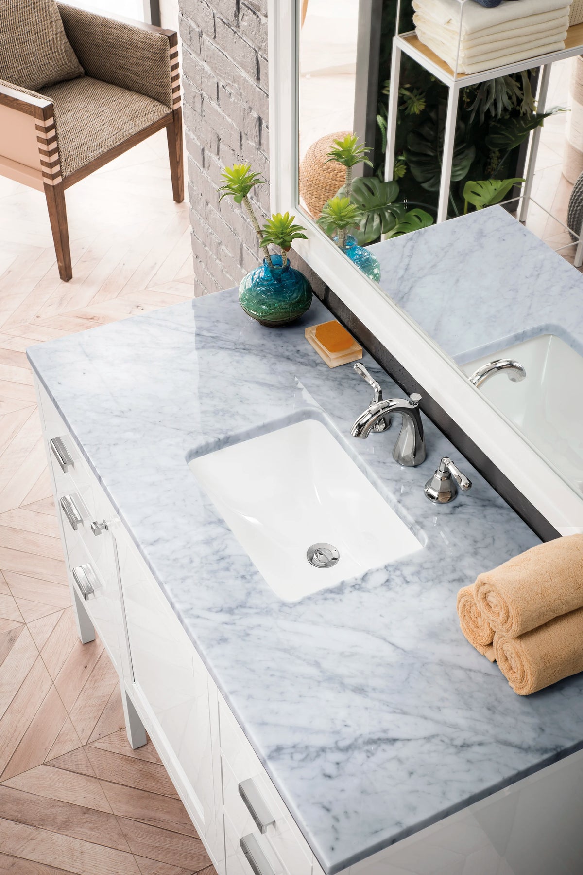 Addison 48" Single Vanity, Glossy White w/ 3 CM Carrara White Top, view 3