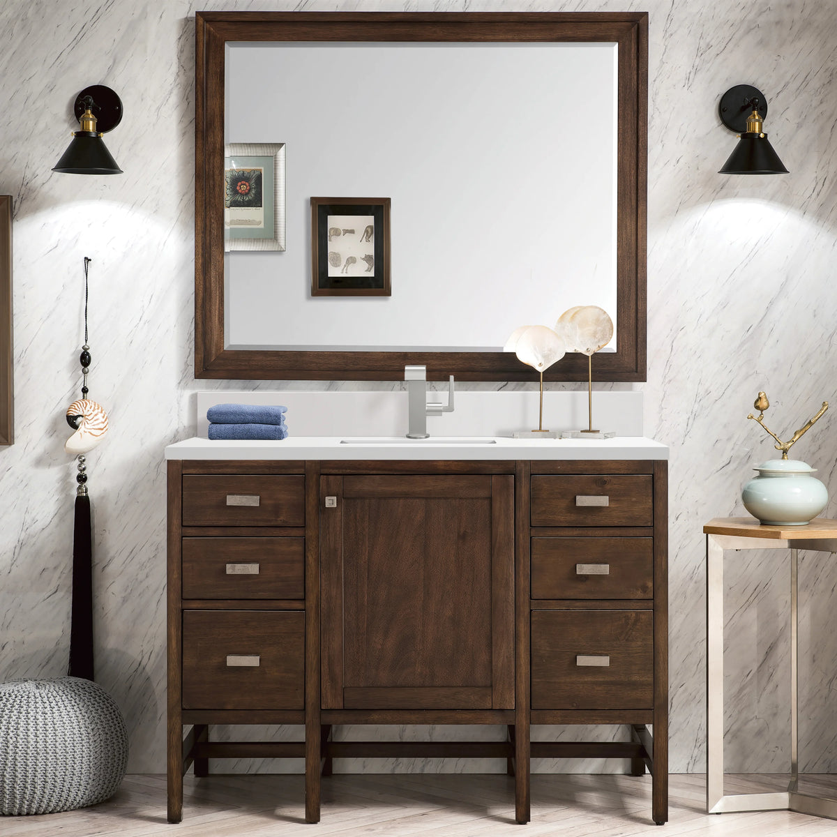 Addison 48" Single Vanity, Mid-Century Acacia w/ Single Hole 3 CM White Zeus Silestone Top & Backsplash, view 2
