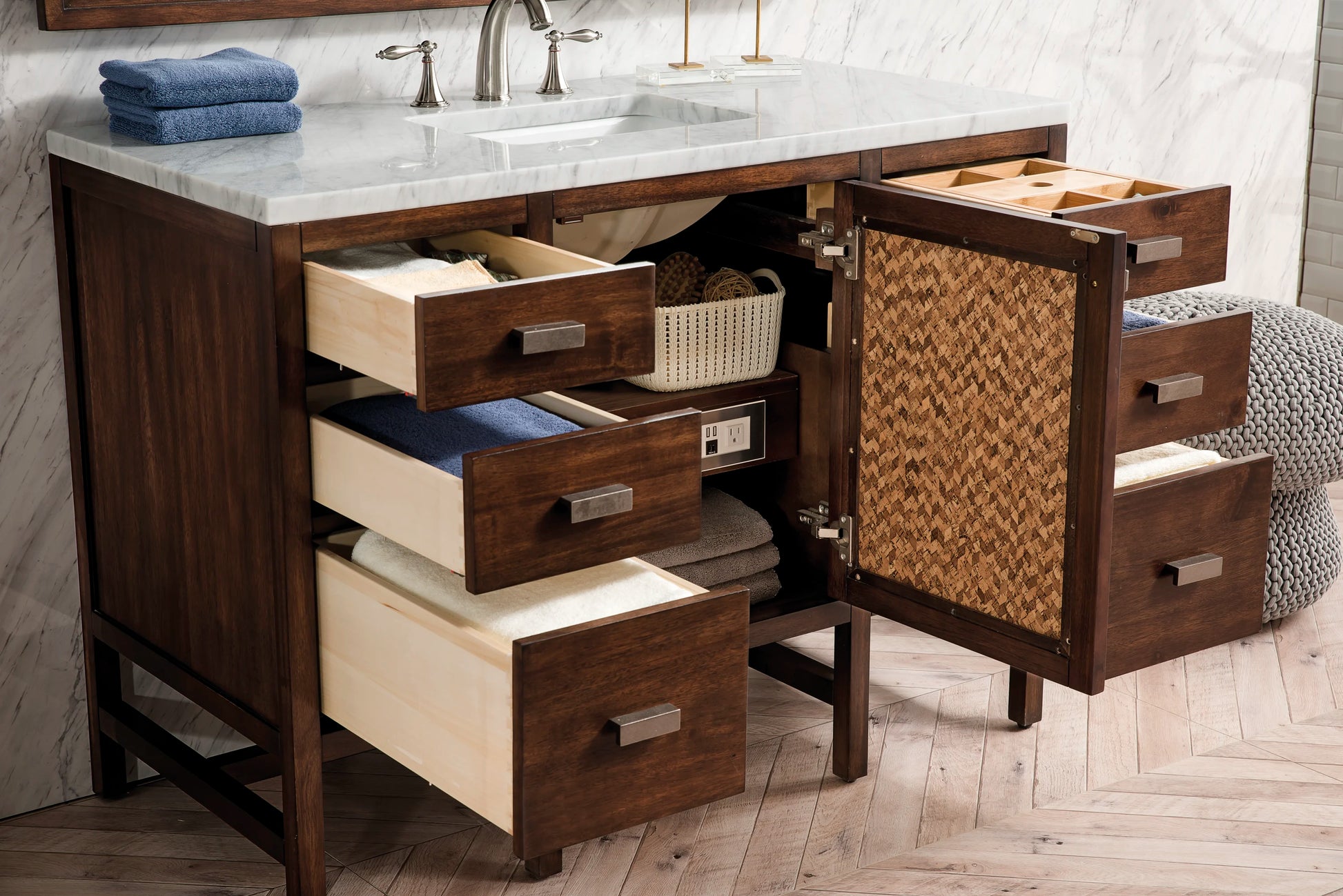 Addison 48" Single Vanity, Mid-Century Acacia w/ 3 CM Carrara White Top, view 8