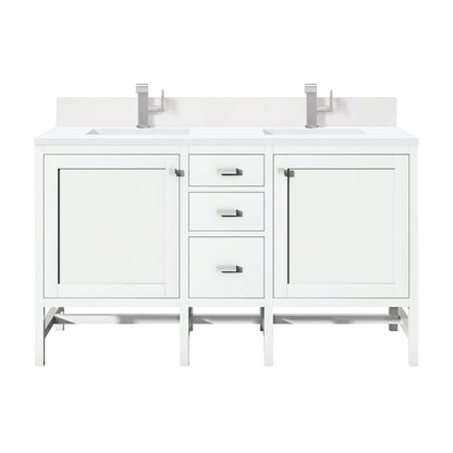 Renovate for Less Atlanta Addison 60" Double Vanity, Glossy White w/ Single Hole 3 CM White Zeus Silestone Top & Backsplash