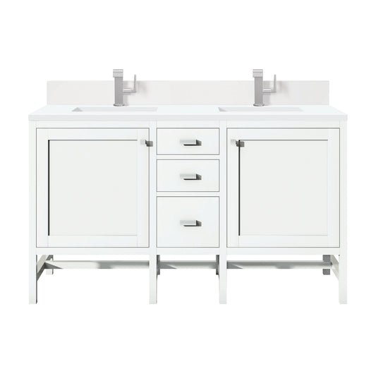 Renovate for Less Atlanta Addison 60" Double Vanity, Glossy White w/ Single Hole 3 CM White Zeus Silestone Top & Backsplash