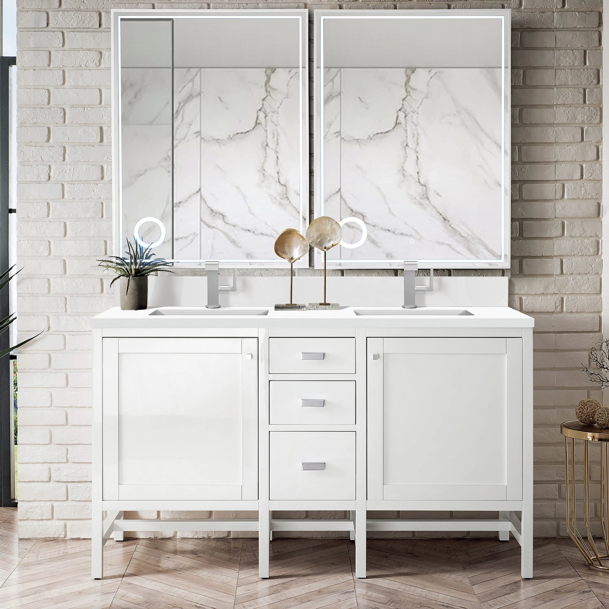 Renovate for Less Atlanta Addison 60" Double Vanity, Glossy White w/ Single Hole 3 CM White Zeus Silestone Top & Backsplash, view 2